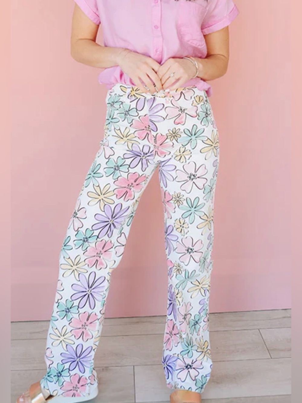 Groovy Floral Wide Leg Jeans Flower Power Retro 70s Y2K Hippie Pants S